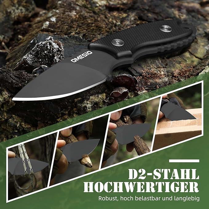 Omesio Neck Knife 5.43 Neck Knife with Sheath and Necklace Full Tang Small Mini Fixed Blad Knife with Clip D2 Steel 2.17-Inch Blade G10 Handle for Camping Tactical (Black Handle + Black Blade)