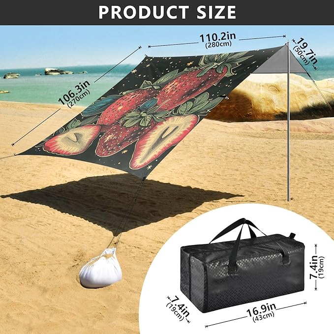 ALAZA Freshly Hand Drawn Strawberries Beach Tent Sun Shelter Portable Canopy Sunshade for Outdoor Camping Picnics Backyard Fun 10x9 ft