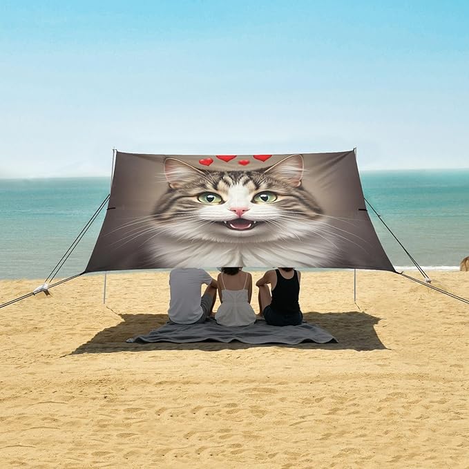 Smile Cat Red Hearts Beach Tent Sun Shelter Set UPF50+ UV Protection 10.5 x 9.19 FT Camping Shade Canopy with Sandbags Sand Anchors Carrying Bag and Others
