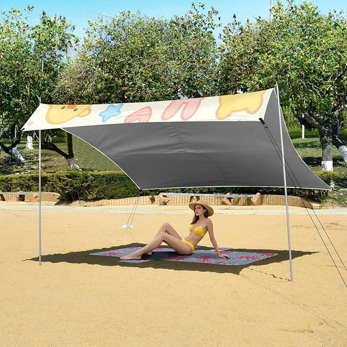 xigua Cartoon Animals Beach Tent Sun Shelter with Carrying Bag - Silver Coated Oxford Fabric Beach Canopy for Beach Camping Fishing - Includes Windproof Ropes Sandbags &amp Stakes