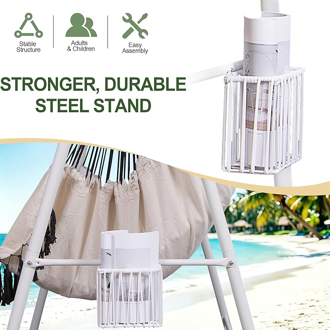 Hammock Chair Hanging Rope Swing &amp Stand Set with Two Holders Heavy Duty Hanging Stand with Three Hooks Multi-Use for Indoor Outdoor Patio Yard Garden(White &amp Khaki)