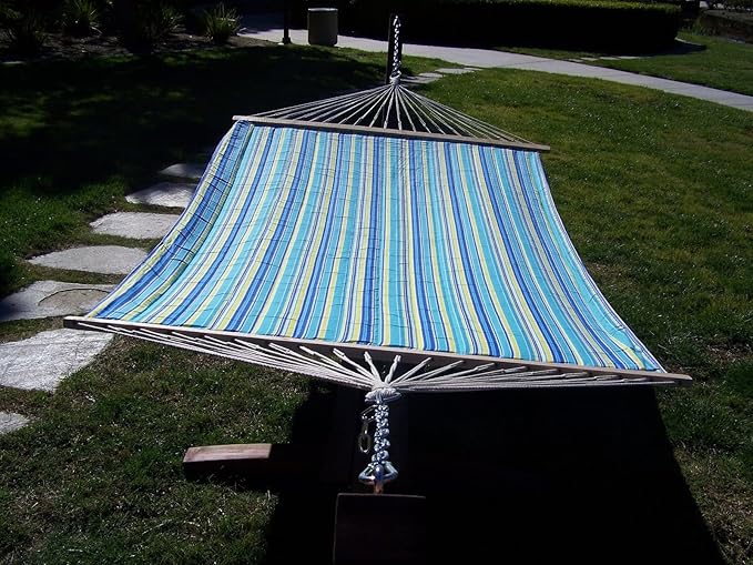 14 Ft. Water Treated Wooden Arc Hammock Stand + Premium Quilted Double Padded Hammock Bed. 2 Person Bed.450 LB Capacity(Coffee Stain/Teal &amp Yellow Stripe)