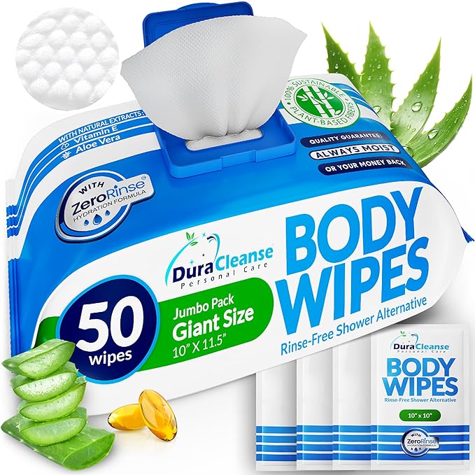 XL Body Wipes for Adults Bathing – 50 Ct + 4 Travel Shower Wipes 10 x 11.5 Thick Cleansing No Rinse Bath Wash Sheets for Elderly Incontinence Men &amp Women Camping Essentials Disposable Washclot