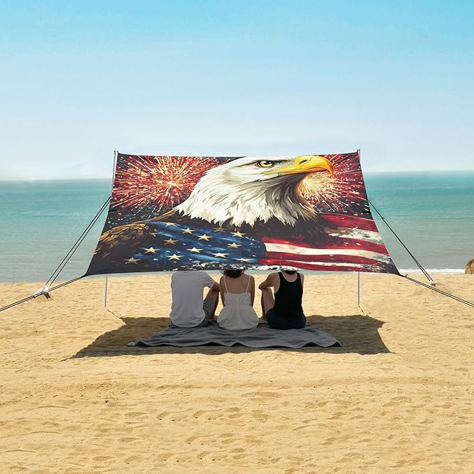ALAZA Independence Day Flag Eagles Firework Beach Tent Sun Shelter Portable Canopy Sunshade for Outdoor Camping Picnics Backyard Fun 10x9 ft