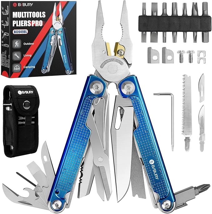 BIBURY Multitool Pliers BI2049BL with Blue Titanium Handle EDC Multi Tool with Replaceable Wire Cutter Full-Size Scissors and Screwdirver Set Heavy Duty Hand Tool for DIY Repair Camping Survival