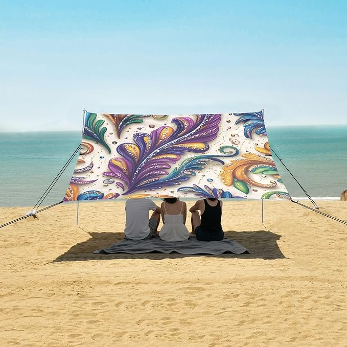 Mardi Gras Carnival Beach Tent Sun Shelter Set UPF50+ UV Protection 10.5 x 9.19 FT Camping Shade Canopy with Sandbags Sand Anchors Carrying Bag and Others