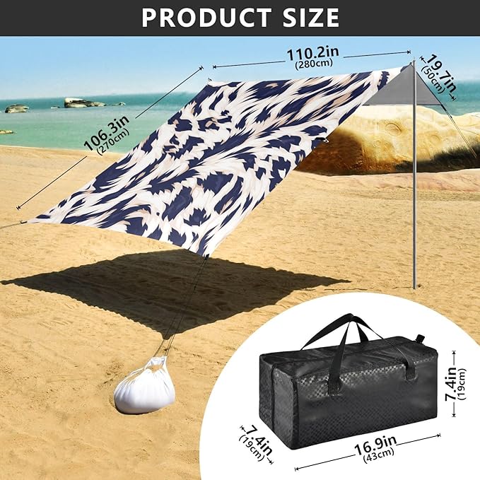 Animal Print Style Aliceblue Stable Beach Tent UPF50 Waterproof Shade Sun Shelter with Sand Shovel for Camping Trips Fishing Backyard Fun or Picnics