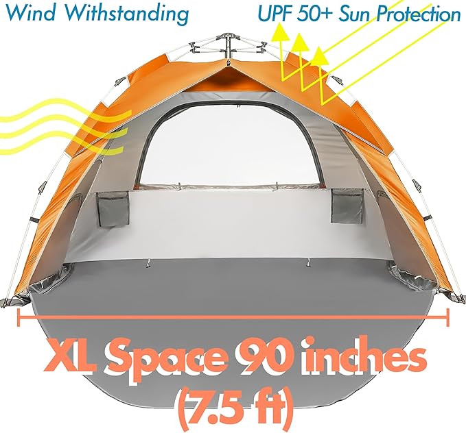 Beach Tent for Family with Kids Pop Up Beach Sun Shade Tent with UPF 50+ UV Protection Removable Floor Zippered Privacy &amp Ventilation Sun Shelter Family 3 to 4 Person