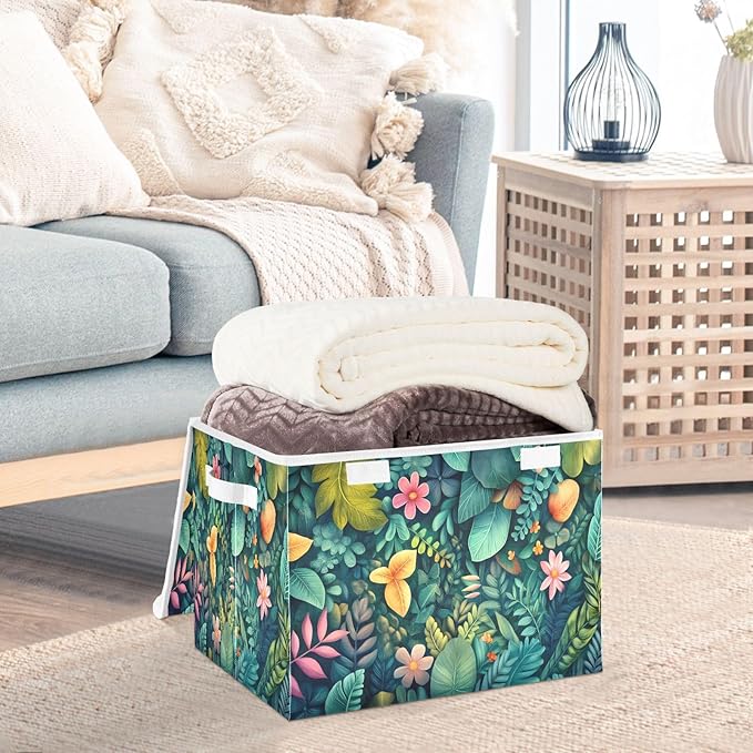 File Organizer Box Lush Greenery Floral Storage Bin with Lid Foldable Baskets for Office Document Storage 11.8x12.6 x16.5