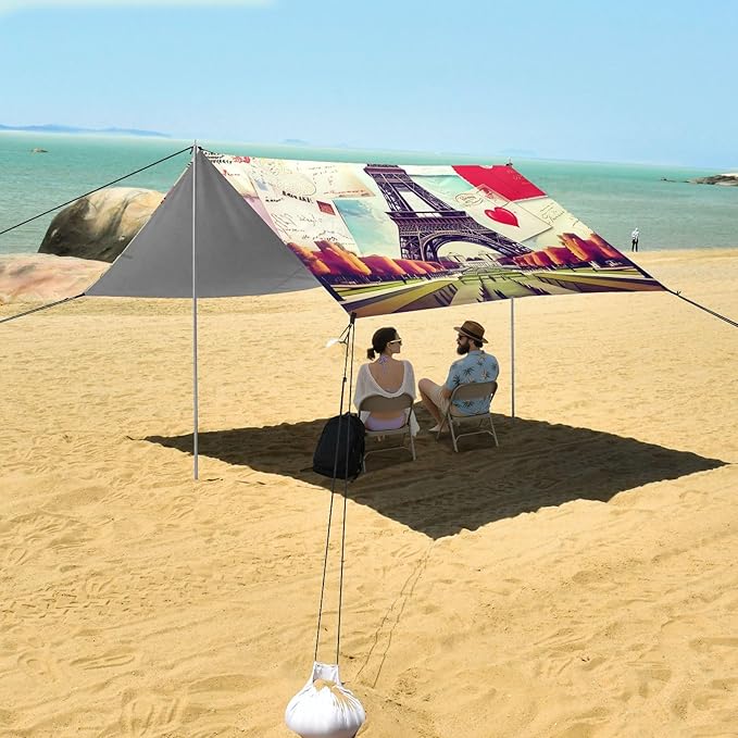 Beach Canopy with Windproof Ropes &amp Sandbags Beach Tent Sun Shade Sun Shelter for Camping Trips Fishing Backyard Fun or Picnics Eiffel Tower