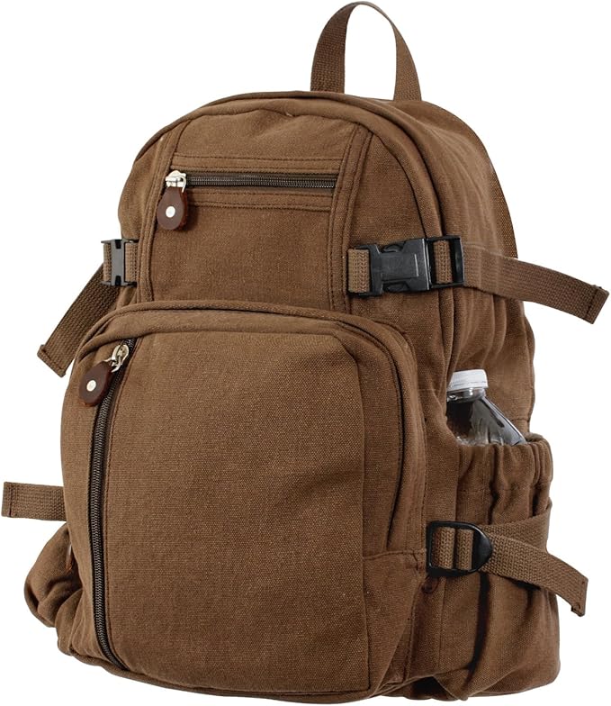 Rothco Vintage Canvas Compact Backpack – Rugged Everyday Carry Travel Storage Bag Brown