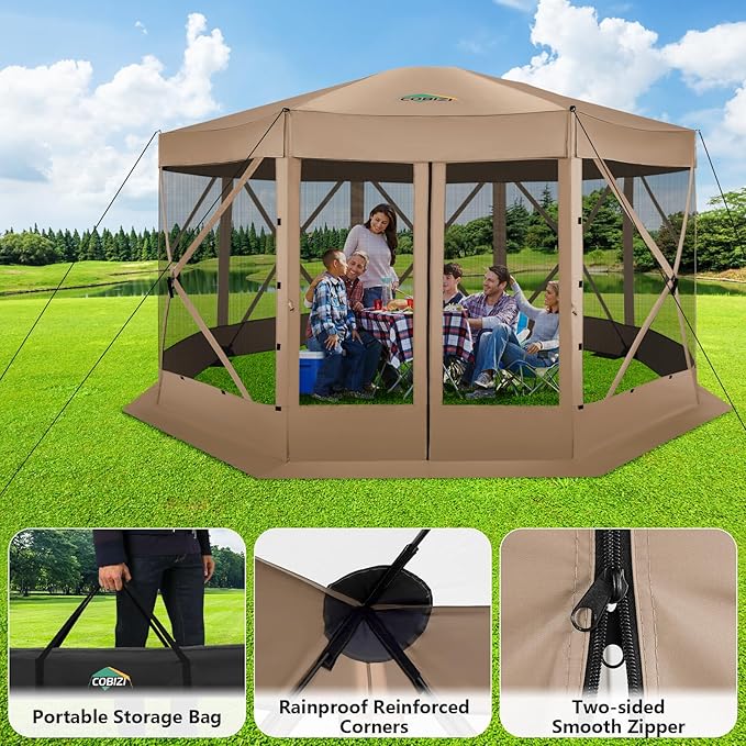 COBIZI 15x15FT Pop Up Gazebo Screen Tent Screen House for Camping Screen Room with Mosquito Netting Hub Tent Instant Screened Canopy with Carrying Bag and Ground Stakes Khaki(Upgraded)