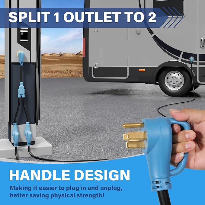 50 Amp Y Splitter Adapter Cord 3 Ft for RV EV Charging 4 Prong 250V NEMA 14-50P to (2) 14-50R for Power Extension Plug &amp Auto/EV/Tesla Model 3/S/X/Y Heavy-Duty 6/3+8/1 Gauge STW Outdoor ETL-Blu