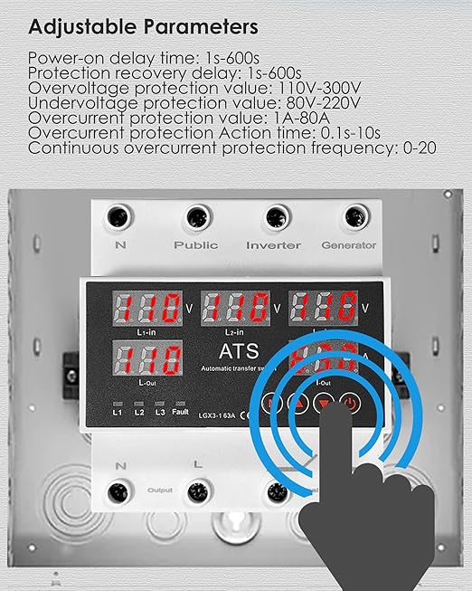 Automatic Transfer Switch for Generator Inverter 110V 63A Adjustable Voltage Protector with LED Display Overcurrent Overvoltage and Undervoltage Protections