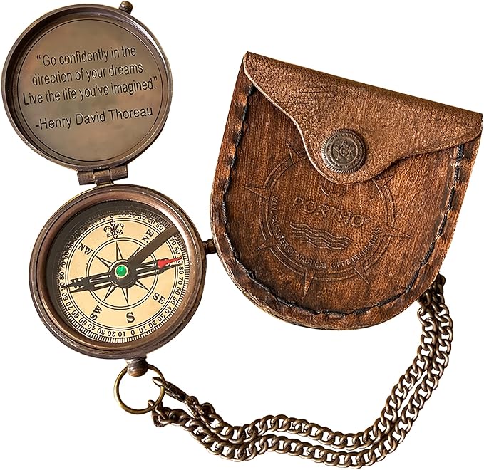 Brass Compass with “Go Confidently in the Direction of Your Dreams” Quote by Thoreau – Leather Case Gift for Graduation Baptism Student Grandson Hiking Trekking Motivation &amp Adventure