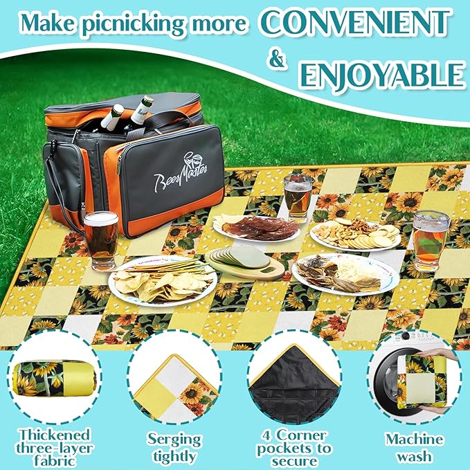 Checkered Picnic Blankets Waterproof Foldable 60″X80″Sunflower Picnic Mat Outdoor Blanket for Grass Cute Bee Thick Beach Blanket Sandproof Picnic Accessories for Camping Party Park Patio