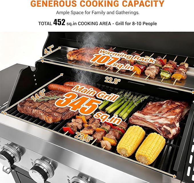 EUHOME 51000 BTU 4-Burner Propane Gas Grill with Side Burner – Large 452 sq.in Stainless Steel BBQ Grill Enameled Cast Iron Grates 4 Swivel Casters &amp Protective Cover for Backyard Patio Family