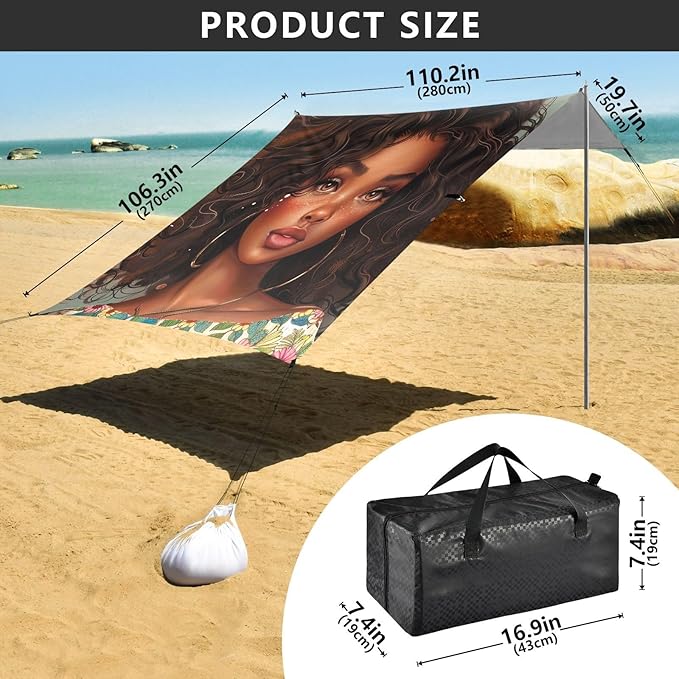 ALAZA Beautiful African Girl Beach Tent Sun Shelter Portable Canopy Sunshade for Outdoor Camping Picnics Backyard Fun 10x9 ft
