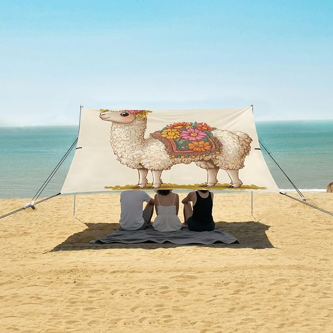 ALAZA Vintage Alpaca Flower Carttoon Beach Tent Sun Shelter Portable Canopy Sunshade for Outdoor Camping Picnics Backyard Fun 10x9 ft