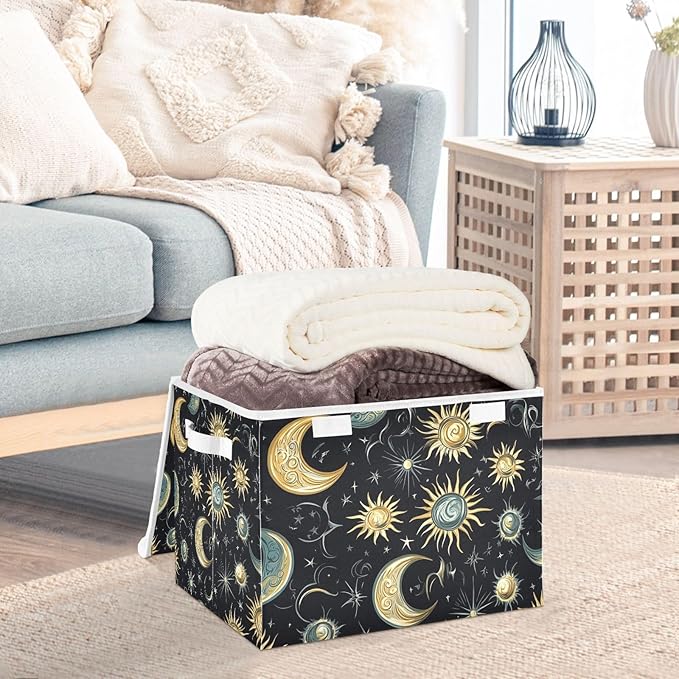Storage Bins with Lids Storage Containers Box Organizer Bin Basket with Handles for Closet Shelves Clothes Stackable Foldable Decorative Star Moon Sun Constellation Black