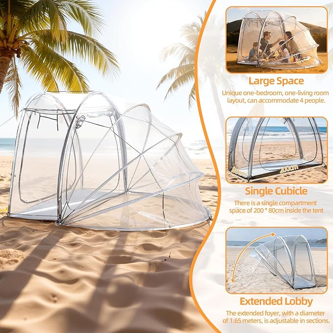 4-Person Sun Tent - Instant Pop-Up Bubble Shelter All-Weather Clear View Camping Tent with Vent Waterproof Rainproof Outdoor Screen House for Backyard Beach &amp Sports Events Clear