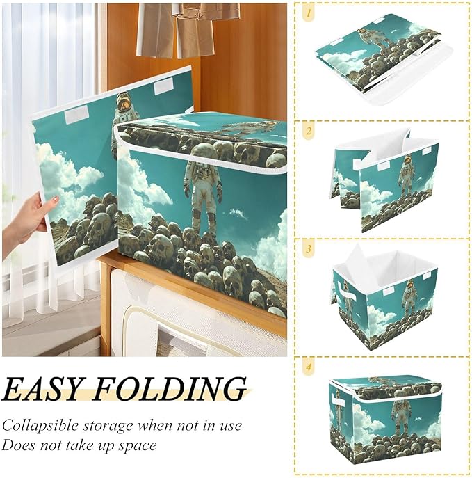 AIXIWAWA Lidded Storage Cube (Skulls Astronauts) Fabric Foldable Closet Bins with Flip Lid and Handles Organizer Basket Container 16.5 x 12.6 x 11.8 IN