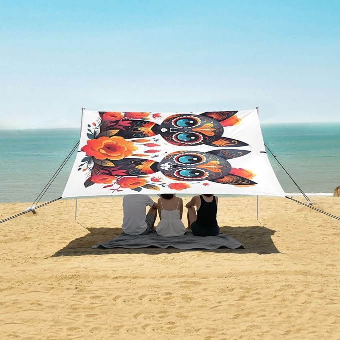 ALAZA Sugar Skull Cat Day of Dead Beach Tent Sun Shelter UPF50+ Protection Beach Shade Canopy w/ 4 Sandbags for Outdoor Camping Fishing Backyard Fun Picnic 10x9 ft