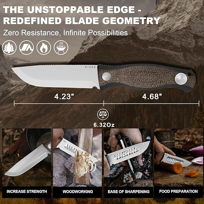 Kizer Polaris Fixed Blade Knife 4.23 AEB-L Steel Camping Knife with Brown Black Micarta &amp Black G10 Handle Survival Hunting Bushcraft Knives with Adjustable Sheath &amp Sharpener 1100A3