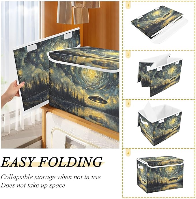 AIXIWAWA Lidded Storage Cube (Art Painting Ufo) Fabric Foldable Closet Bins with Flip Lid and Handles Organizer Basket Container 16.5 x 12.6 x 11.8 IN