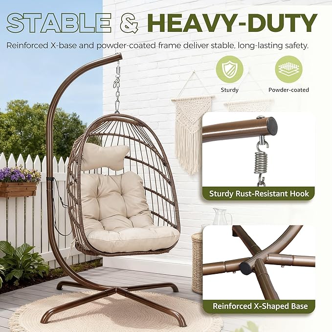 RADIATA Wicker Egg Swing Chair with Stand for Outside Outdoor Comfy Hanging Egg Patio Chairs with Thick Cushion 350Lbs Durable Swinging Rattan Chair for Bedroom Porch Backyard Balcony Brown Tan