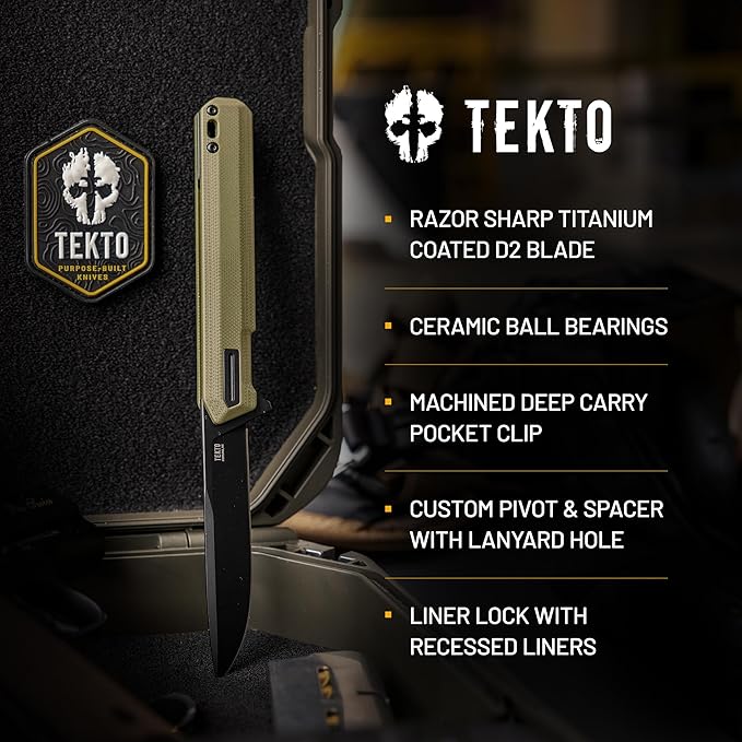 TEKTO F2 Bravo Folding Pocket Knife - D2 Steel Blade Ceramic Ball Bearings - EDC - Snap Swift Flip for Camping Backpacking - 2.4oz (68g) G10 OD Green Handle Black Titanium Accents