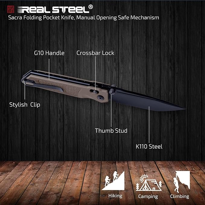 REALSTEEL SACRA Tac Pocket Knife Folding Knife Crossbar Lock 3.31 Böhler K110 Steel Blade Thumb Stud G10/Micarta Handle 2.58oz Deep-carry Pocket Clip EDC Outdoor Indoor Gifts for Men Women C