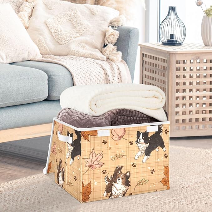 Brown Plaid Puppy Leaf Paw Storage Box with Lid 1 PC Foldable Storage Bin with Lids Stackable Storage Bins Cube Closet Organizer Basket with Flip-Top Lid &amp Handles for Shoes Books Towels