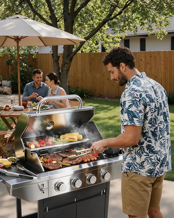 EUHOME 46500 BTU 4-Burner Propane Gas Grill with Side Burner – Stainless Steel Outdoor BBQ with Enameled Cast Iron Grates &amp Foldable Side Tables for Patio Backyard and Outdoor Cooking