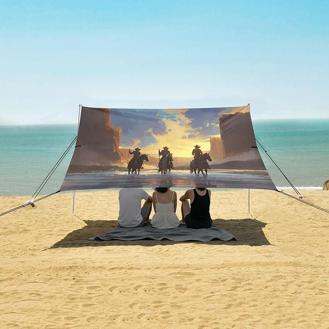 xigua Cowboy Beach Tent Sun Shelter with Carrying Bag - Silver Coated Oxford Fabric Beach Canopy for Beach Camping Fishing - Includes Windproof Ropes Sandbags &amp Stakes