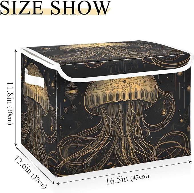 Golden Jellyfish Storage Cube with Lid Collapsible Flip-top locker Fabric Storage Bins Basket with Handle for Home Bedroom Closet Office 16.5×12.6×11.8 in