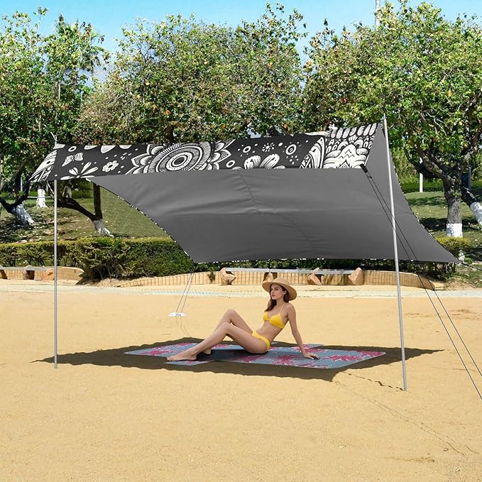 Gray Owls and Flowers Beach Tent Sun Shelter Set UPF50+ UV Protection 10.5 x 9.19 FT Camping Shade Canopy with Sandbags Sand Anchors Carrying Bag and Others