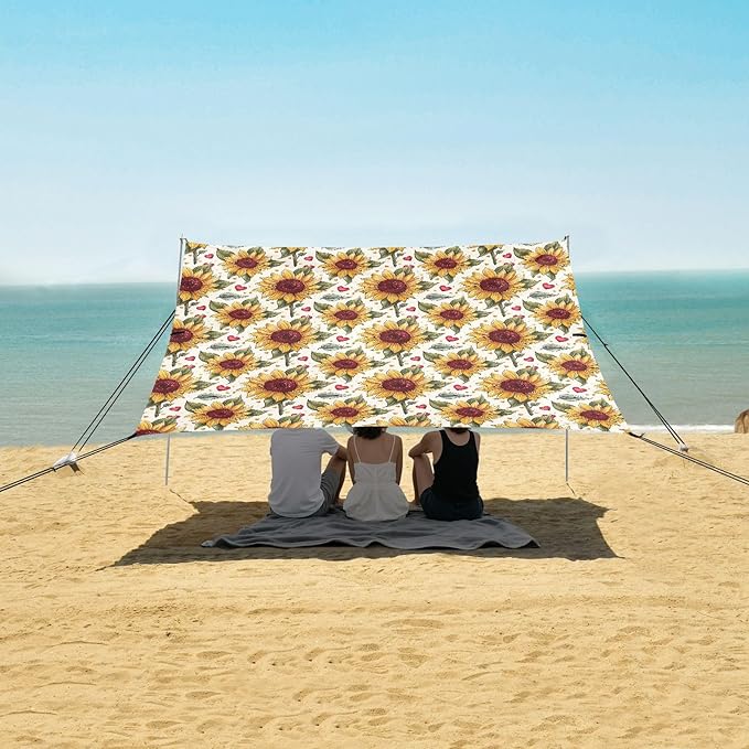 ALAZA Sunflower Heart Vintage Beach Tent Sun Shelter UPF50+ Protection Beach Shade Canopy w/ 4 Sandbags for Outdoor Camping Fishing Backyard Fun Picnic 10x9 ft