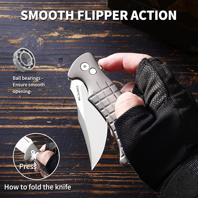 Small EDC Pocket Knife for Men &amp Women - 3 Trailing Point D2 Blade Titanium Handle with Button Lock &amp Pocket Clip | Small Slim Cool Folding Knife for Daily Carry Camping Hiking &amp Outdoo