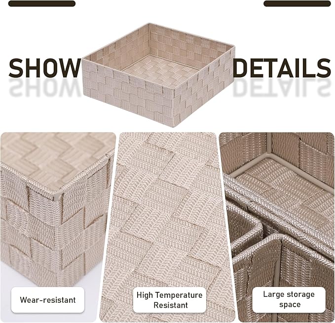 Storage Bins Woven Organizer Set of 6 – Polypropylene Storage Baskets with Metal Frame Stackable Fabric Boxes for Drawers Closet Shelf Nursery and Office Beige