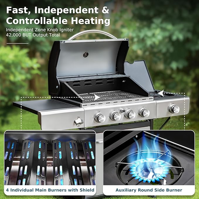 MFSTUDIO 4-Burner Propane Gas Grill Stainless Steel BBQ Grill with Side Burner and Porcelain-Enameled Cast Iron Grates High Heat Output Gas BBQ Grills for Barbeque and Outdoor Cooking