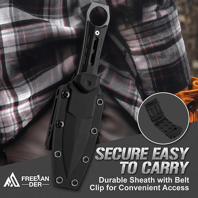 Freelander Fixed Blade Knife - D2 Steel Survival Knife with Sheath Full Tang Bushcraft Knives with Anti-Slip Grip for Camping &amp Outdoor Adventures Gifts for Men Black