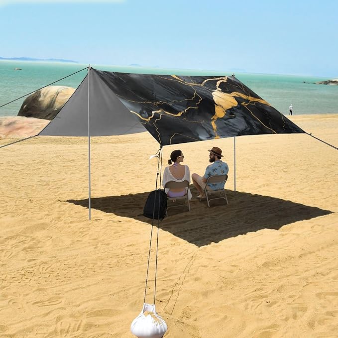 ALAZA Gold &amp Black Marble Beach Tent Sun Shelter UPF50+ Protection Beach Shade Canopy w/ 4 Sandbags for Outdoor Camping Fishing Backyard Fun Picnic 10x9 ft
