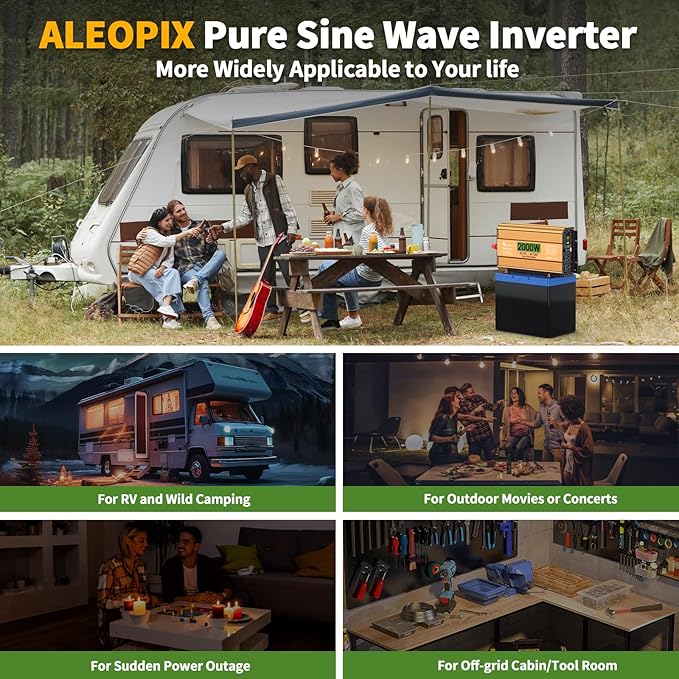 2000 Watt Inverter 12V DC to 110V/120V AC Pure Sine Wave Inverter for Truck/RV/Home/Solar/Off-Grid Surge 4000W Pure Sine Power with 2 AC Sockets 5V 3.4A USB Digital Display Remote Controller