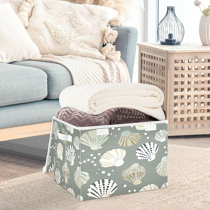 Storage Bins With Lid Stackable Fabric Closet Organizer Clothing Storage Large Boxes For Closet Shelves Bedroom Gray Seashell Pattern