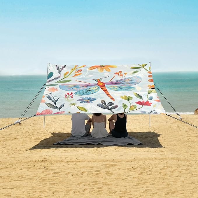 ALAZA Funny Dragonfly Floral Watercolor Beach Tent Sun Shelter Portable Canopy Sunshade for Outdoor Camping Picnics Backyard Fun 10x9 ft