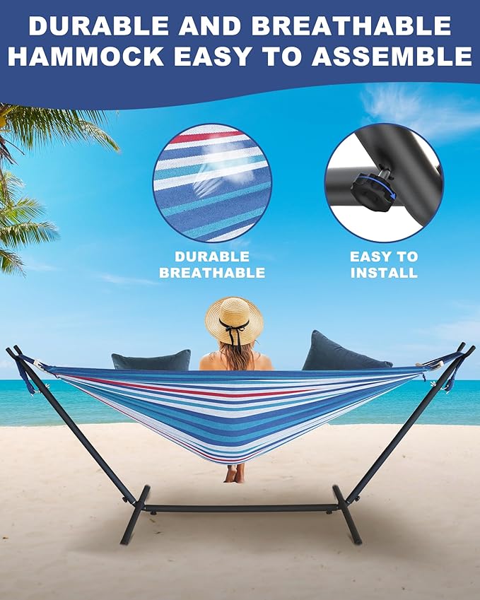 EveryFun Double Hammock with Heavy-Duty Steel StandPortableEasy Assembly600lbs Weight CapacitySuit for IndoorYardCampingor Outdoor-Fine Blue