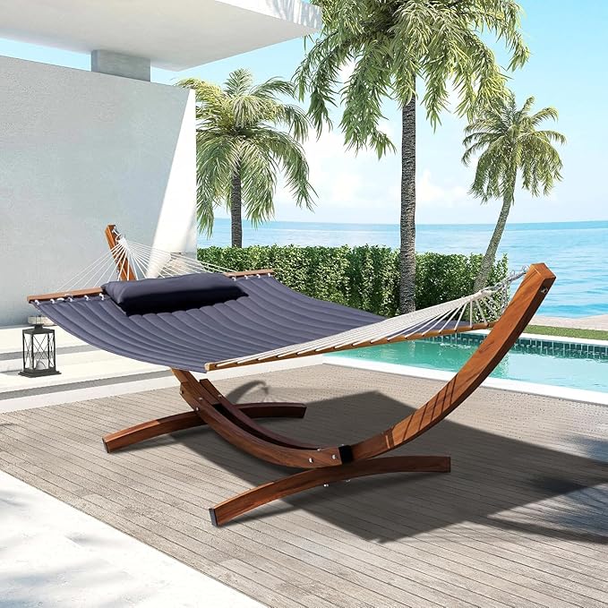 Lazy Daze Hammocks 12 FT 2 Person Double Quilted Hammock with Curved Steel Heavy Duty Stand and Pillow for Outside Backyard Patio 450 Lbs Capacity Dark Grey