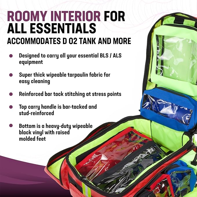 Kemp USA Heavy-Duty EMT Bag Made with Fluid-Resistant Tarpaulin Material - Emergency Survival Kit with Room for D O2 Tank - Medical Backpack with Multiple Handles (Tarpaulin Fabric Red)