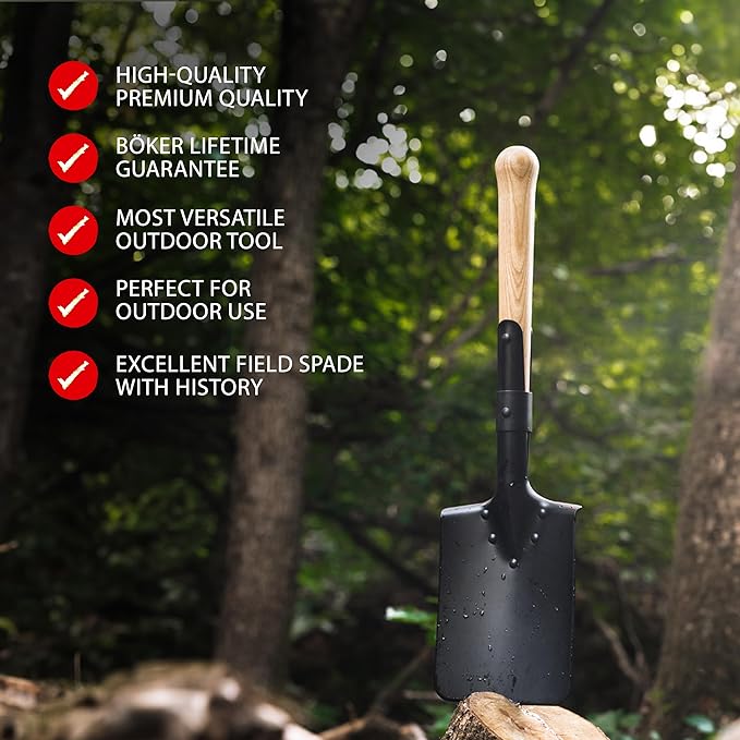 Boker Plus® Shovel M1874 - German Field Spade with Wooden Handle - Army Short Spade Based on Historic Pioneer Spade - Short Outdoor Shovel with Bag for bushcraft Camping and Survival Equipment